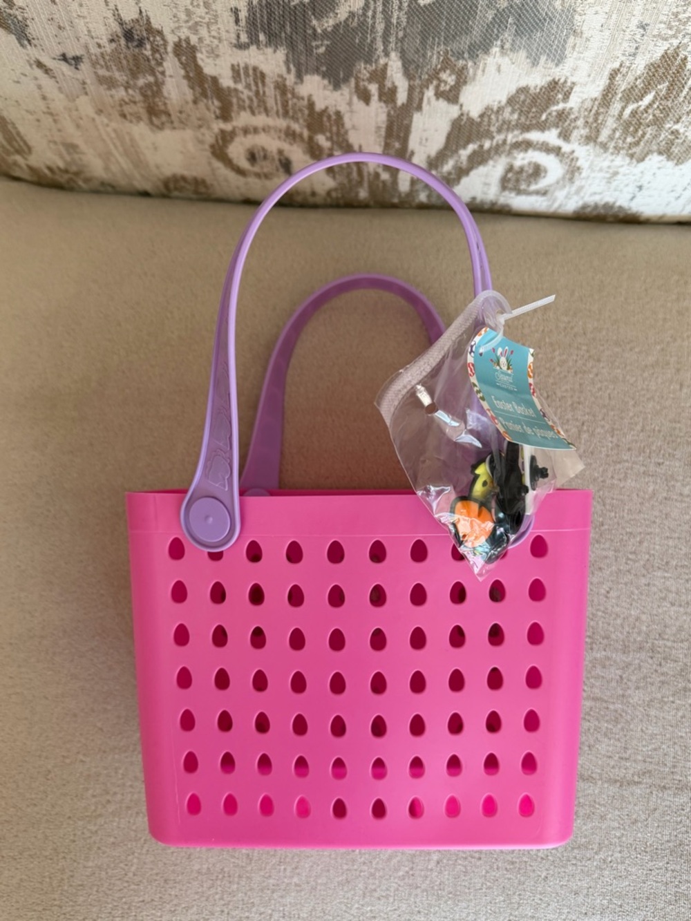 New Kids Pink Easter Basket - Bogg Style Tote Bag with Purple Handles and Charms